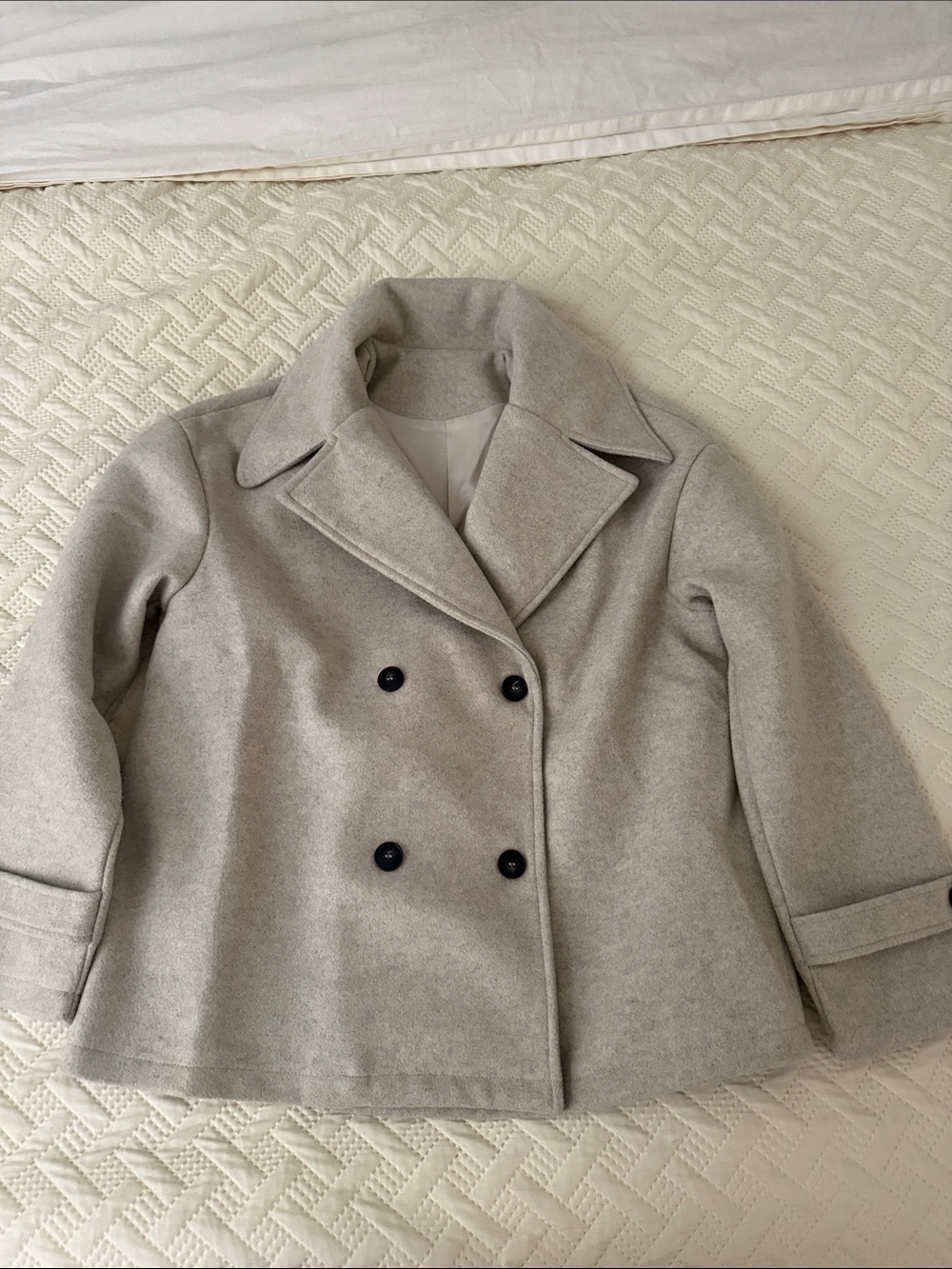 Wool Blend Double-Breasted Peacoat Jacket - Light Gray